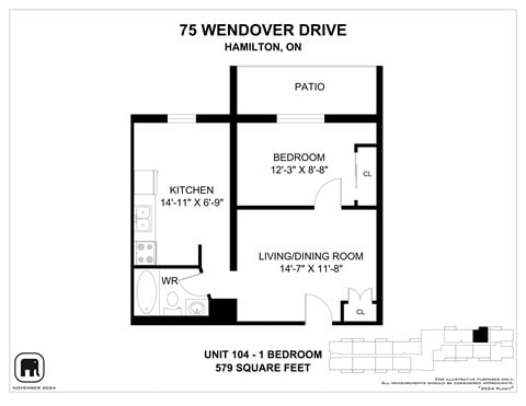 Floor plan for 1 bed, 1 bath